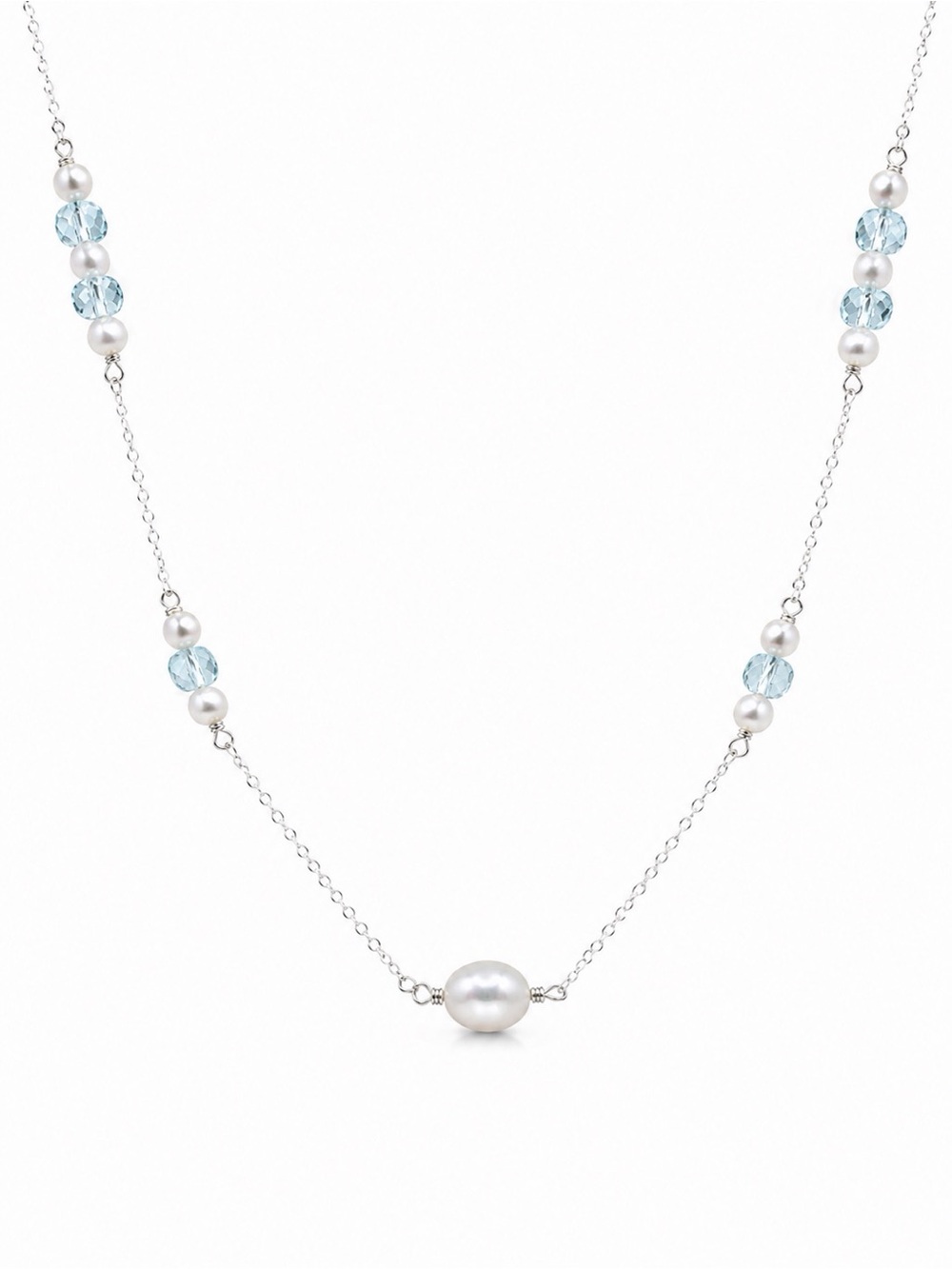 N097 Blue Topaz & Freshwater Pearl Stationary Necklace